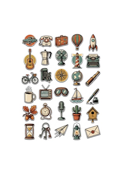 30 Adet Vintage Nostaljik Seyahat Sticker Seti - Laptop Defter Valiz İçin Çıkartma Çok Renkli