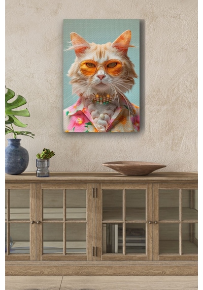 Modernist Kıyafet Giymiş Kedi Yağlı Kanvas Tablo