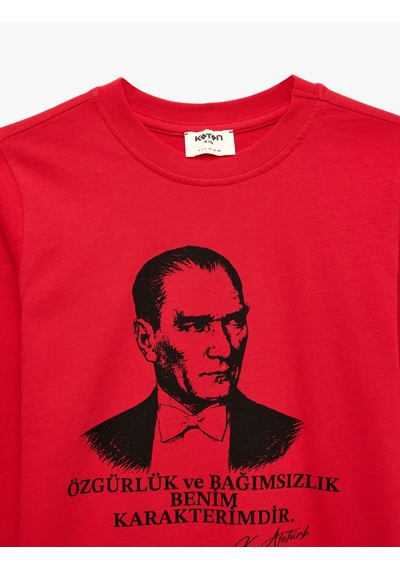 Koton Atatürk Baskılı Bisiklet Yaka Uzun Kollu Pamuklu Tişört Kırmızı 7wkg10711ak