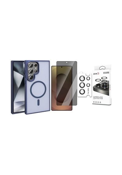 Vendas Samsung Uyumlu Galaxy S25 Ultra Kılıf Magsafe Şarj Özellikli Mat Arka Yüzey Zore Sio Kapak + Safir Kamera Lens + Hayalet Ekran Koruyucu Lacivert