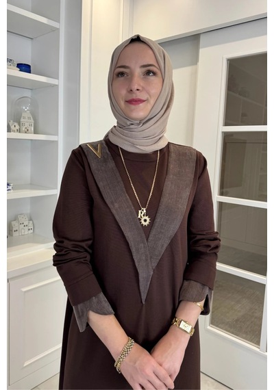 Rabia Şamlı Venüs Cupra Detaylı Triko Elbise Acı Kahve Normal