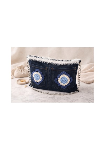 Ceymora Kadın El Emeği Motifli Denim Kot Çanta Lacivert Lacivert