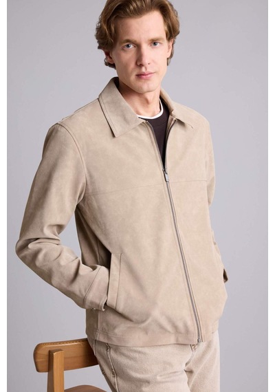 Defacto Slim Fit Gömlek Yaka Fermuarlı Süet Görünümlü Suni Deri Mont H2231ax26aubg773 Bej-bg773