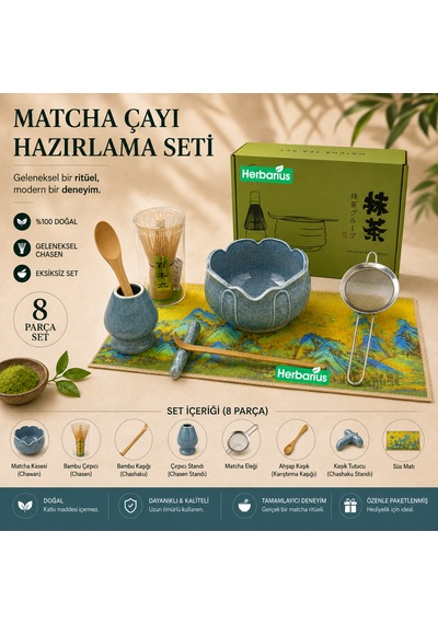 Herbarius 8 Parça Lotus Desenli Çiçek Formlu Benekli Turkuaz Mavisi Renk Matcha Çayı Hazırlama Seti - Geleneksel Japon Matcha Seti
