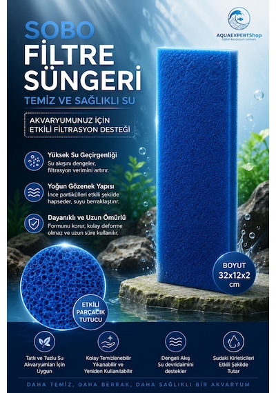 Sobo Akvaryum Filtre Süngeri 32x12x2 Cm - Üstün Temizlik Gücü Ve Yüksek Su Geçirgenliği - Mavi Renk