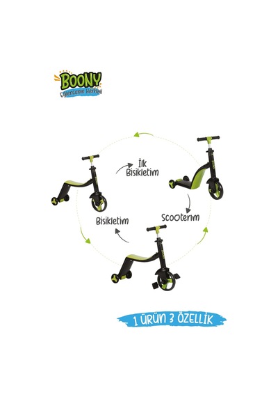 Boony Yeşil Çocuk Scooter- Bisiklet 1 Ürün 3 Özellik 50 Kg Taşıma Kapasiteli Yeşil