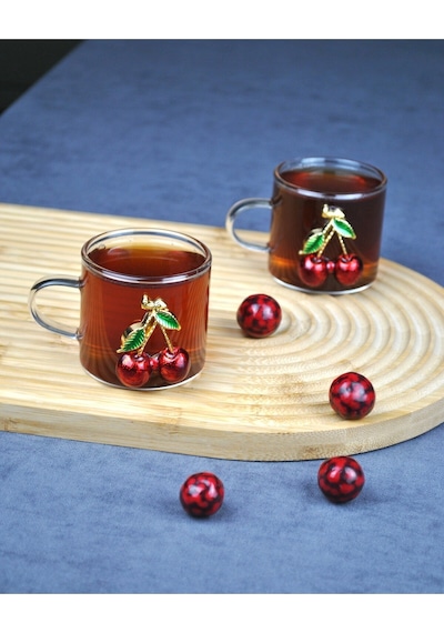 2'li Kirazlı Cam Mini Kupa Kiraz Çay Bardağı 130 Ml Kahve Fincanı Yılbaşı Şeffaf