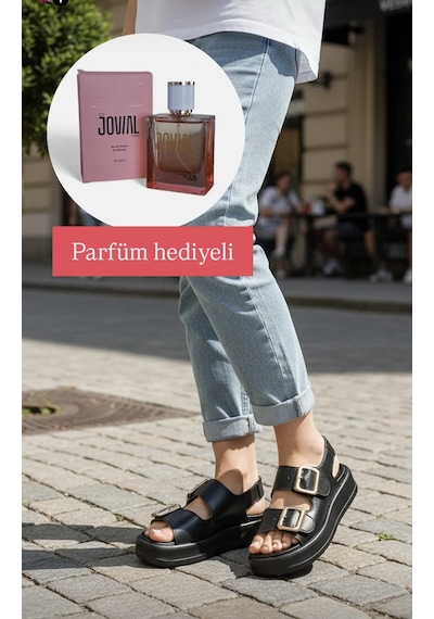 Veseo Çift Toka Detaylı Kadın Sandalet 4361 Sıyah + Parfüm