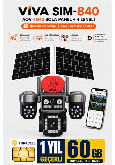 Sim-840 Çift Güneş Panelli 4g Sim Kartlı Kablosuz 4 Lensli Dış Mekan Güvenlik Kamerası 16mp Ptz 60 Gb Sim Kart Dahil
