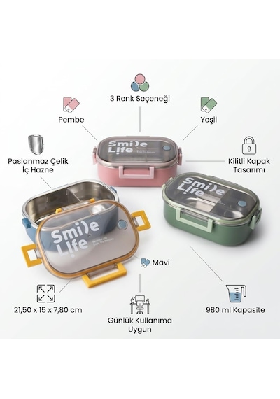 Deconox Paslanmaz Çelik Yemek Kabı 980 Ml, Bölmeli İç Hazneli Kilitli Kapaklı Lunch Box, Mavi Yeşil Pembe Renk Seçenekli Taşınabilir Saklama Kabı, 21 Deconox Paslanmaz Çelik Yemek Kabı 980 Ml, Bölmeli İç Hazneli Kilitli Kapaklı Lunch Box, Mavi Yeşil Pembe Renk Seçenekli Taşınabilir Saklama Kabı, 21