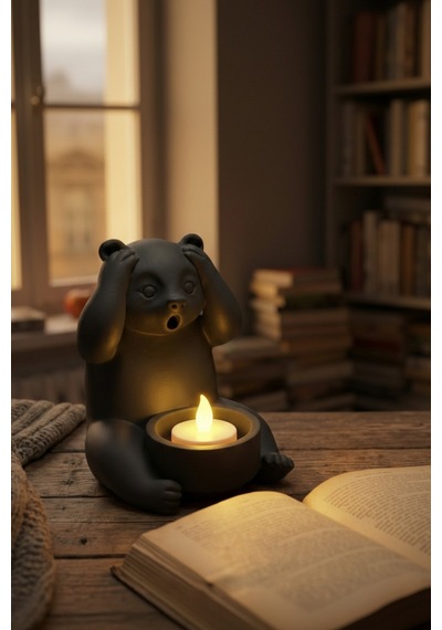 Dekoratif Tealight Mum Hediyeli Ayı Panda Tasarım Vegan Siyah