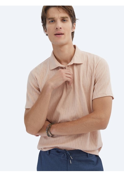 Kip Somon Desenli Polo Yaka Pamuk Karışımlı T-shirt Somon
