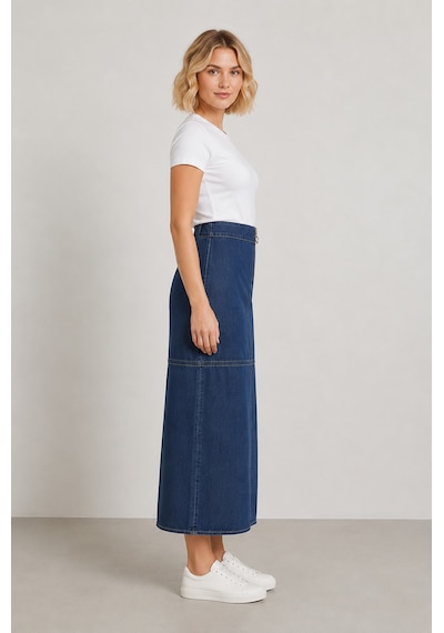 Bihan Store Önü Fermuarlı Yüksek Bel Denim Maxi Etek Y25-7581-mavi