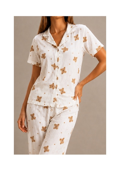 Fit Women Kadın Kısa Kol Rahat Kalıp Şık Kırık Beyaz Pijama Takımı Fit Women Kadın Kısa Kol Rahat Kalıp Şık Kırık Beyaz Pijama Takımı