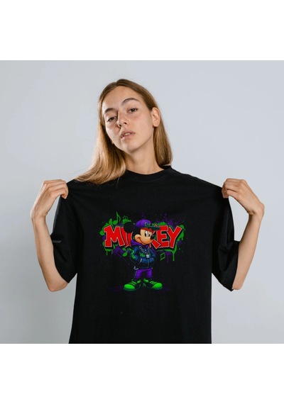 Freedom Store Mickey Mouse Graffiti Baskılı Unisex Siyah Oversize Tişört - 24/1 Penye