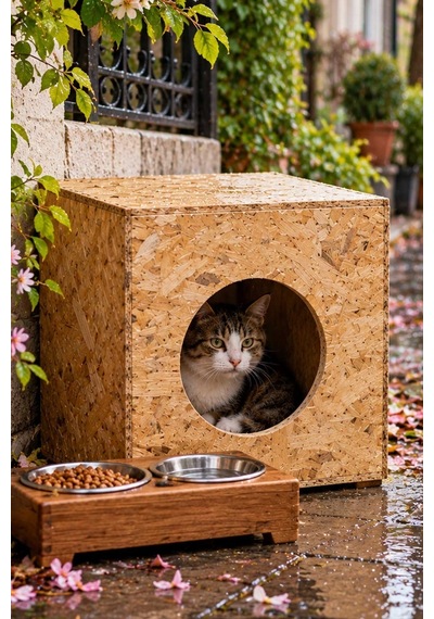 Reyo 40x30x30 cm Kedi Evi Ahşap Kedi Yuvası, Sokak Kedileri için Barınak CAT05