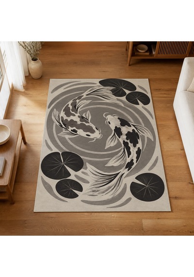 Kartela Halı Koi Balığı Desenli Halı Antrasit Kaymaz Taban Makinede Yıkanabilir 160x240 Cm