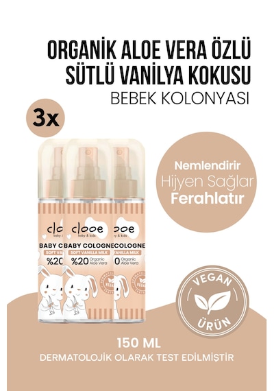 Hassas Ciltlere Özel Organik Aloe Vera Özlü Süt ve Vanilya Kokulu Soft Vanilla Milk Bebek Kolonyası 3'lü Aile Paketi