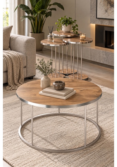 Sulorahome Ceviz Desenli Gümüş Metal Ayaklı 4'lü Sehpa Seti