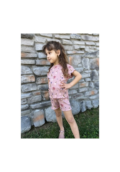 Hafico Kız Çocuk Fırfırlı Fitilli Kaşkorse Yazlık Takım Pudra Pembe Çiçekli