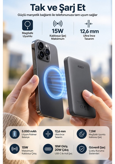 Aukey Pb-ms03-gy Magfusion Slim 5000 Mah Manyetik Wireless Şarj Powerbank - Gri