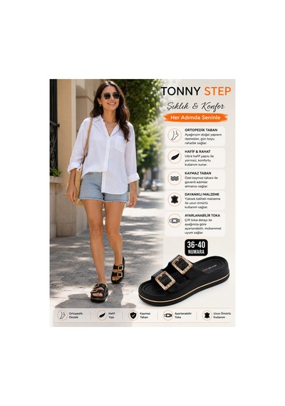 Tonny Step Dubai 7 Hafif Şık Tek Parça Ortopedik Plaj & Günlük Terliği Kare Tokalı - Siyah Tonny Step Dubai 7 Hafif Şık Tek Parça Ortopedik Plaj & Günlük Terliği Kare Tokalı - Siyah