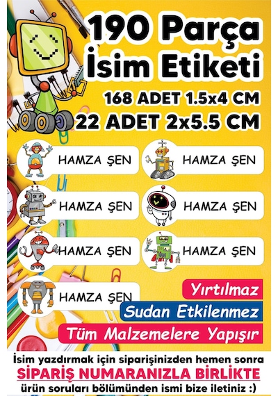 Okul Etiketi Kalem Defter Etiketi Robot Temalı Isim Yazılabilen Etiket - 190 Adet