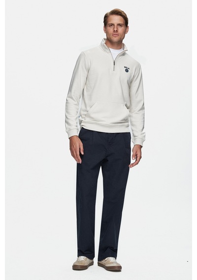 Ucla Leon Bej Yarım Fermuar Nakışlı Standard Fit Erkek Sweatshirt Bej