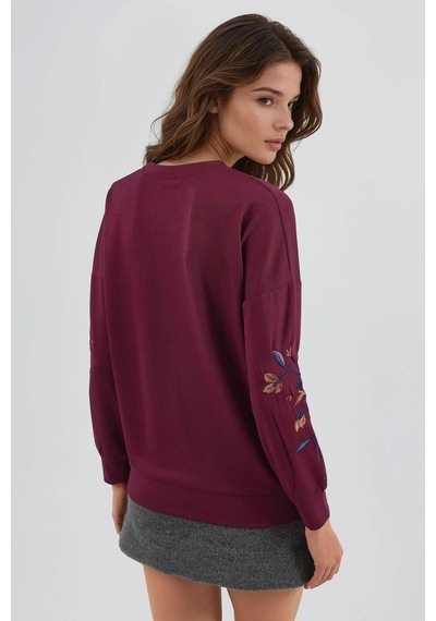Hiccup Modal Dokulu İşlemeli Bisiklet Yaka Sweatshirt Berşan Collection Bordo Kırmızı