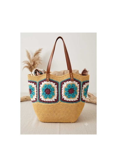 Myzumax El Örgüsü Motifli Kağıt İp Kadın Omuz Çantası Deri Askılı, Boho / Bohemian Tasarım Plaj Ve Günlük Çanta Bej