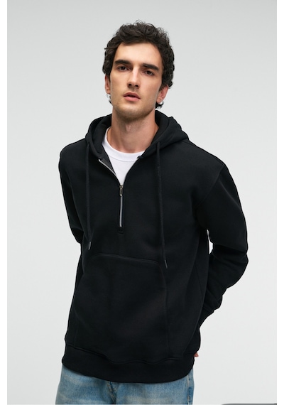 Grimelange JUSTUS Erkek Kapüşonlu Kanguru Cepli Fermuar Yakalı Siyah Sweatshirt