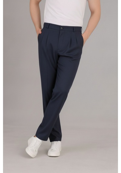 Bürke Çift Pileli Lacivert Beli Lastikli Rahat Bol Kesim Baggy Pantolon
