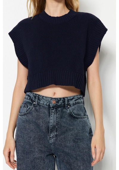 Ersefa Stil Modern Kadın Crop Standart Kol Bisiklet Yaka Triko Süveter Lacivert