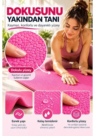 Pembe Pilates Yoga Matı Dokulu Egzersiz Fitness Minderi Evde Spor Ve Esneme Minderi 170x56 Cm 8 Mm Çok Renkli