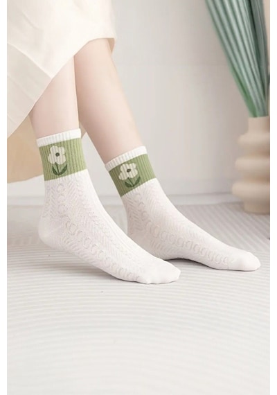 Hitit Socks Kadın 5 Çift Premium Kalite Yeçil Çiçek Desenli Soket Çorap Beyaz - Yeşil