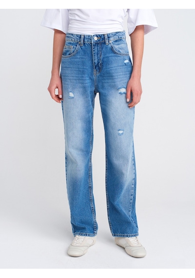 Dilvin 71781 Küçük Yırtıklı Denim Mom Mavi