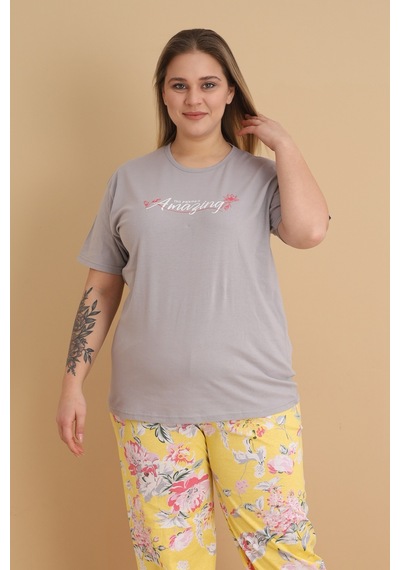Wordex Mirano 4500 Kısa Kollu Çiçekli Süprem Kumaş Büyük Beden Kadın Pijama Takımı Gri