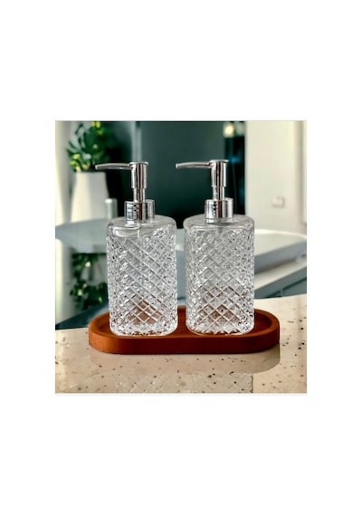 Ahşap Standlı 2 Li Cam 500 Ml Gri Başlıklı Sıvı Sabun Bulaşık Deterjan Şişesi Sabunluk Set Şeffaf 632345337 Şeffaf
