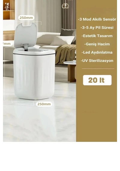 Akıllı Teknolojik Sensörlü Çöp Kovası Işık Koku Geçirmez Mutfak Banyo Wc Ofis 20l Uv Çok Renkli