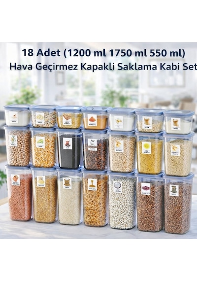 18 Li Antrasit Erzak & Bakliyat Saklama Kabı Seti 3 Farklı Boy Etiket Hediyeli 1,75 1,2 0,55 L
