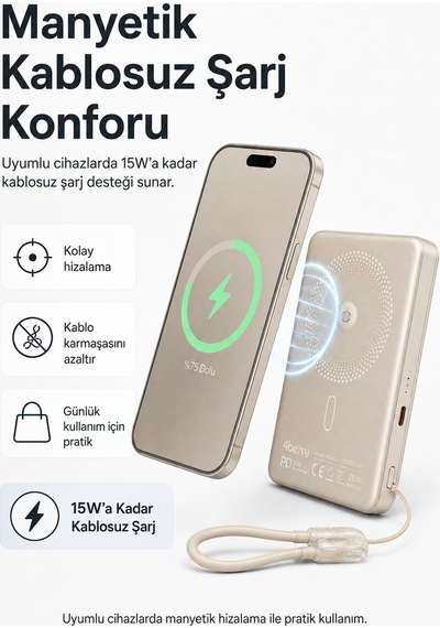Ym307 10000 Mah Manyetik Kablosuz Powerbank 25w Pd Hızlı Şarj, 15w Kablosuz Şarj Ve 360 Döner Stand Gold