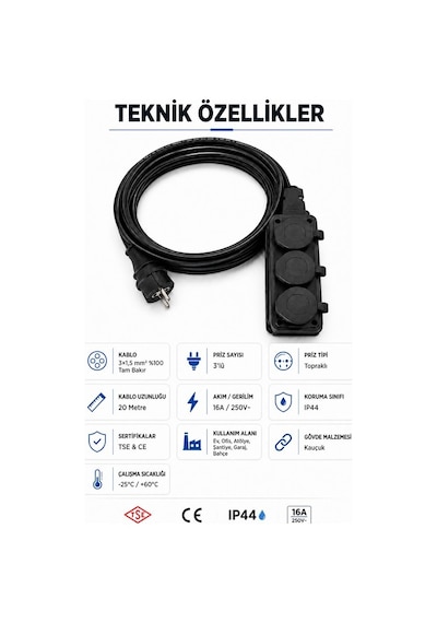 Öznur Kablo Seyyar Uzatma Kablosu 20 Metre Ttr 3x1,5 Mm %100 Tam Bakır Kablo Seldur 3'lü Kauçuk Grup Priz Orel Kauçuk Fiş Ip54 Ip44 20 M
