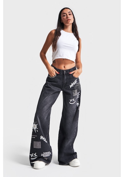 Itsbasic Kadın Koyu Füme Renk Hera Baskılı Parlak Taşlı Palazzo Fit Tasarım Denim Jean Taşlı Koyu Füme