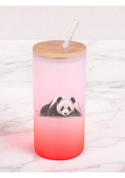 Yerde Panda Baskılı 600 Ml Cam Matara- Su Matarası, Suluk Matara, Cam Pipetli Matara Kırmızı