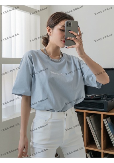 Flood Of Style Unisex Bay Harfli Grafik Düşük Omuzlu Tişört Kod-1341 Mavi