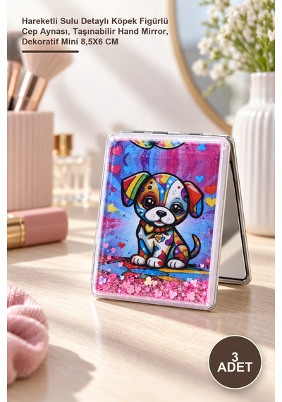 3 Adet El Aynası Hareketli Sulu Detaylı Köpek Figürlü Cep Aynası, Taşınabilir Hand Mirror, Dekoratif Mini 8,5x6 Cm