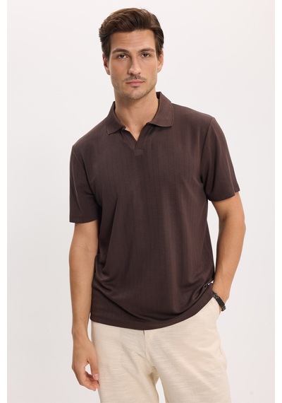 Tudors Erkek Slim Fit Dar Kesim Pamuklu Kısa Kollu Çizgili Kahverengi Polo V Yaka Tişört-51126