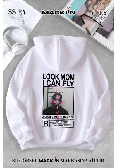 Macklin Unisex Kadın Erkek Cactus Jack Özel Tasarım Baskılı Kapşonlu Sweatshirt Beyaz Mck0871 Beyaz