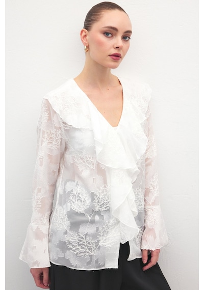 Sateen Fırfır Detaylı Nakışlı Gömlek - Ekru-137183 ekru