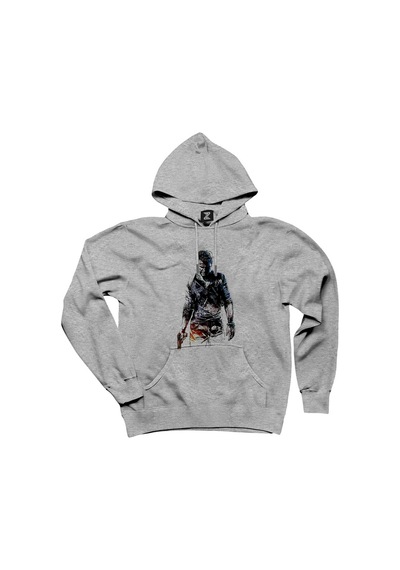 Uncharted 4 Nathan Drake Siluet Gri Kapşonlu Sweatshirt Hoodie Gri